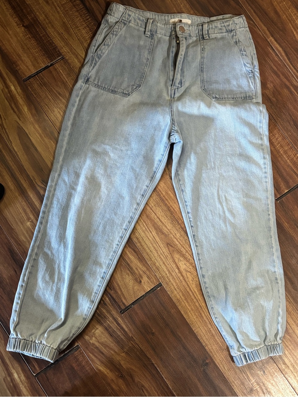Risen jeans cinched ankles blue white washed jeans old school pockets 9/29 rare